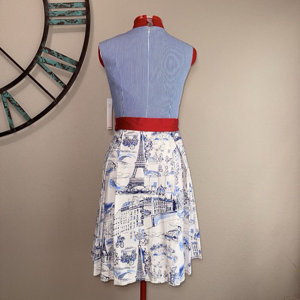 Chetta B Fit & Flare Dress Size 8 NWT Blue & White Red Belt Paris Summer - Picture 2 of 5
